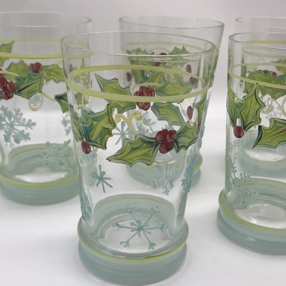 Vintage Christmas Painted/Decorated Clear Glass 16 oz. Tumbler’s—Total of 5 - Picture 2 of 9